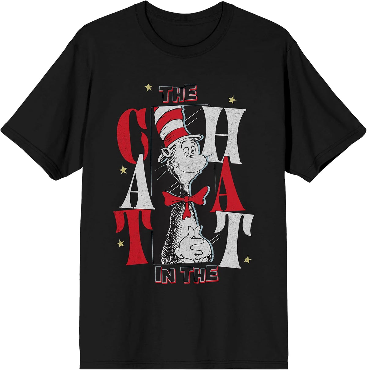 The Cat in The Hat Stars Adult Black Crew Neck Short Sleeve T-Shirt