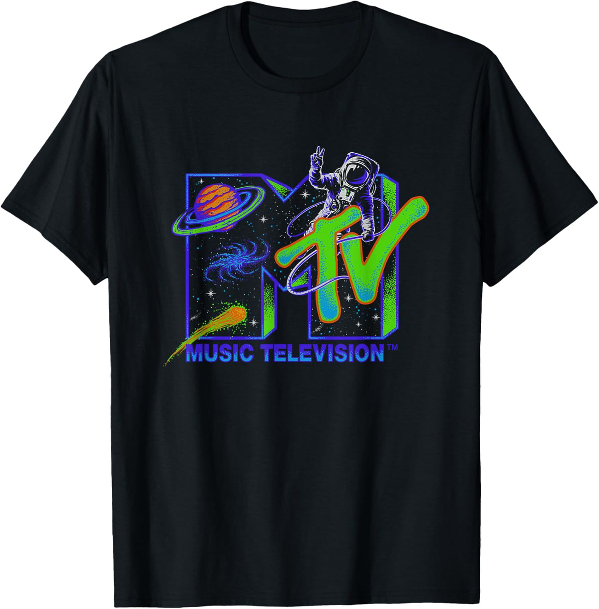 MTV Moon Man Galaxy Neon Space Vibe T-Shirt Comfort Serenity Clothing Store