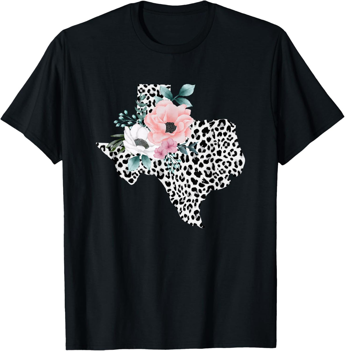 State Of Texas Map Leopard Print Watercolor Flowers Texan T-Shirt
