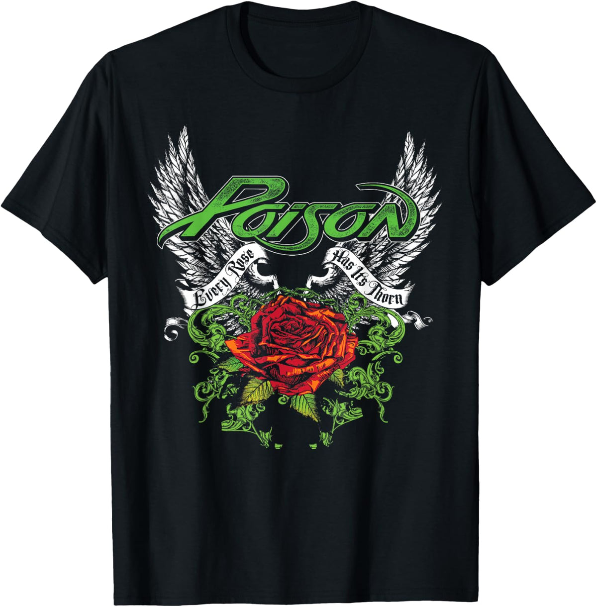 Poison Band Thorns & Wings Black T-Shirt - Classic Fit, Crew Neck, Short Sleeve, Adult, Casual