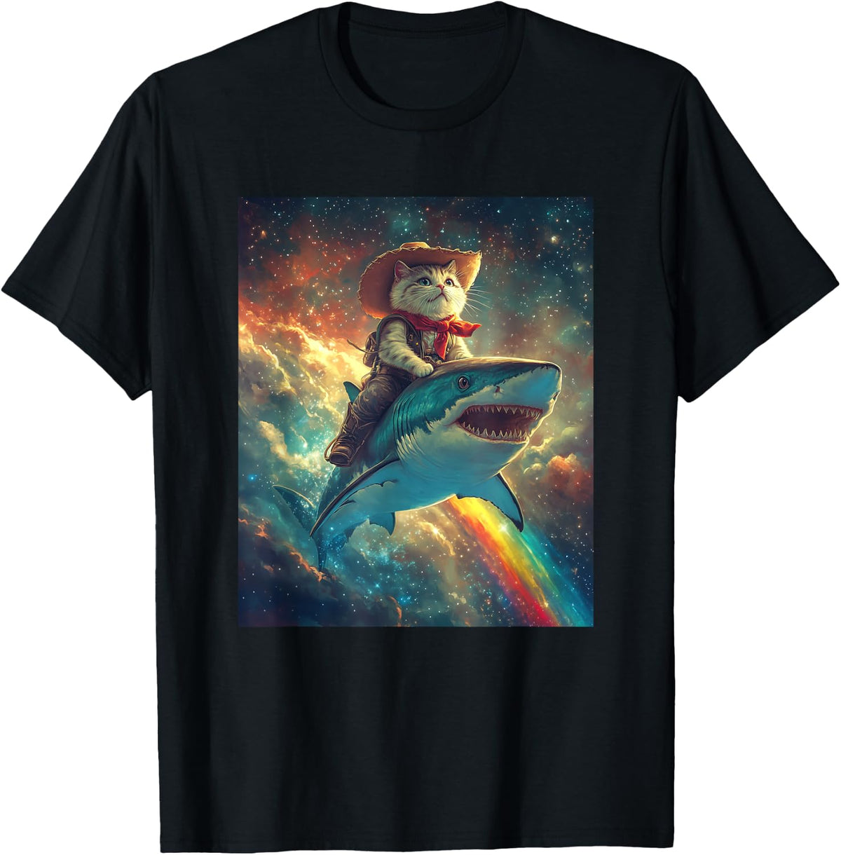Cowboy Cat Riding Shark T-Shirt - Funny Cat Graphic Tee T-Shirt