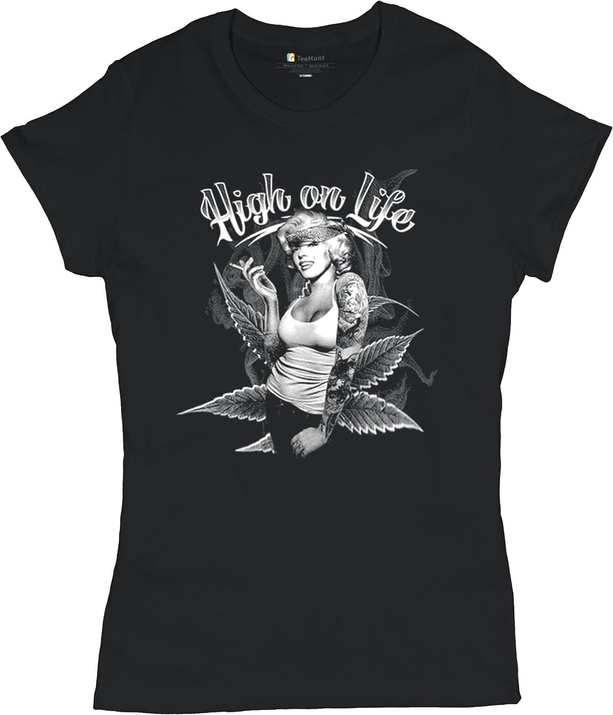 High on Life T-Shirt Marilyn Hollywood Glamour Legend Starlet Holding a Joint 420 Pop Culture Women's Tee
