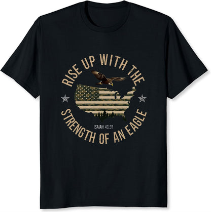 Rise Up with The Strength of an Eagle Shirt for Men Christian Patriotic USA Isaiah 40:31 Faith American Flag Graphic Tee