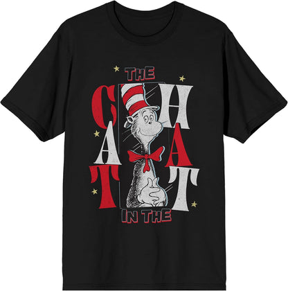 The Cat in The Hat Stars Adult Black Crew Neck Short Sleeve T-Shirt