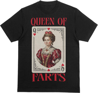 Queen of Farts Shirt Playing Card Tee - Funny Fart Joke T-Shirt for Women, Cringe Stupid Unhinged Humor, Gag Gift, Y2K Style