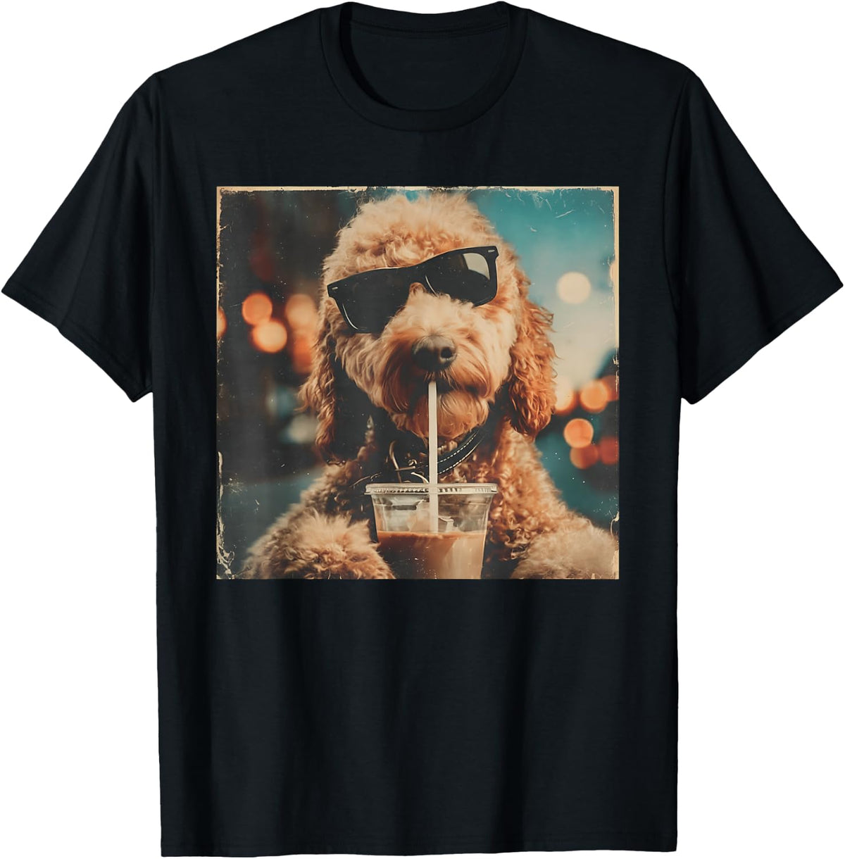 Funny Goldendoodle Drinking Iced Coffee Dog with Sunglasses T-Shirt Comfort Serenity Clothing Store