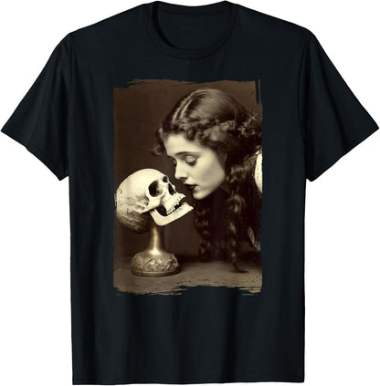 Vintage Witch Sorceress Skeleton Skull Kiss 1910 Photography T-Shirt