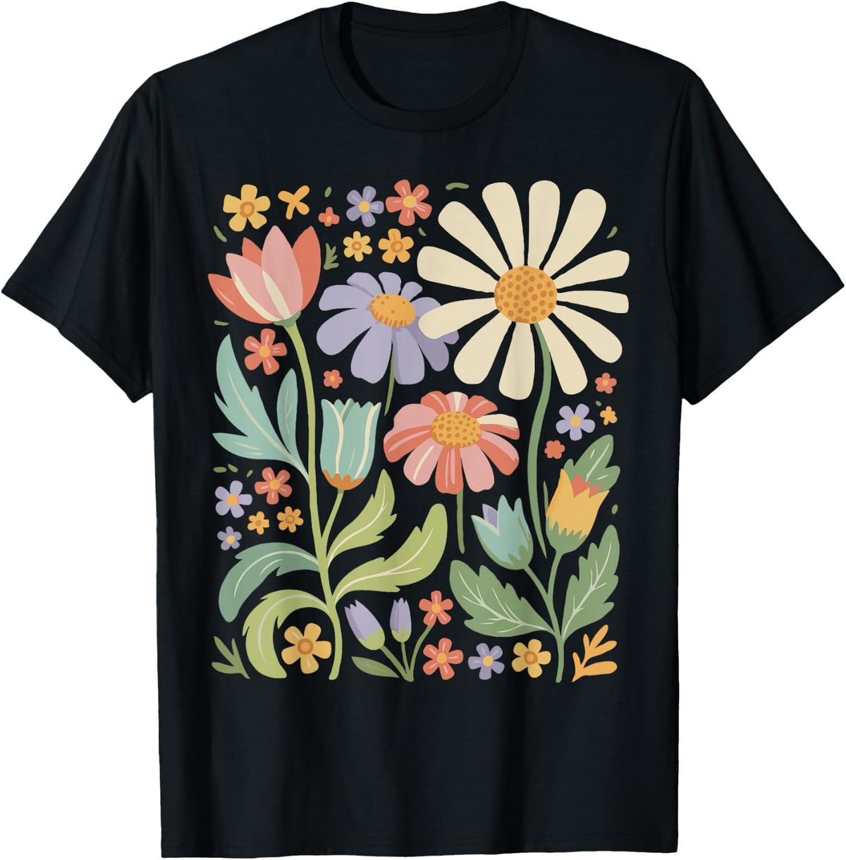 Retro Wildflowers Flowers Pattern Summer Spring Boho Vintage T-Shirt